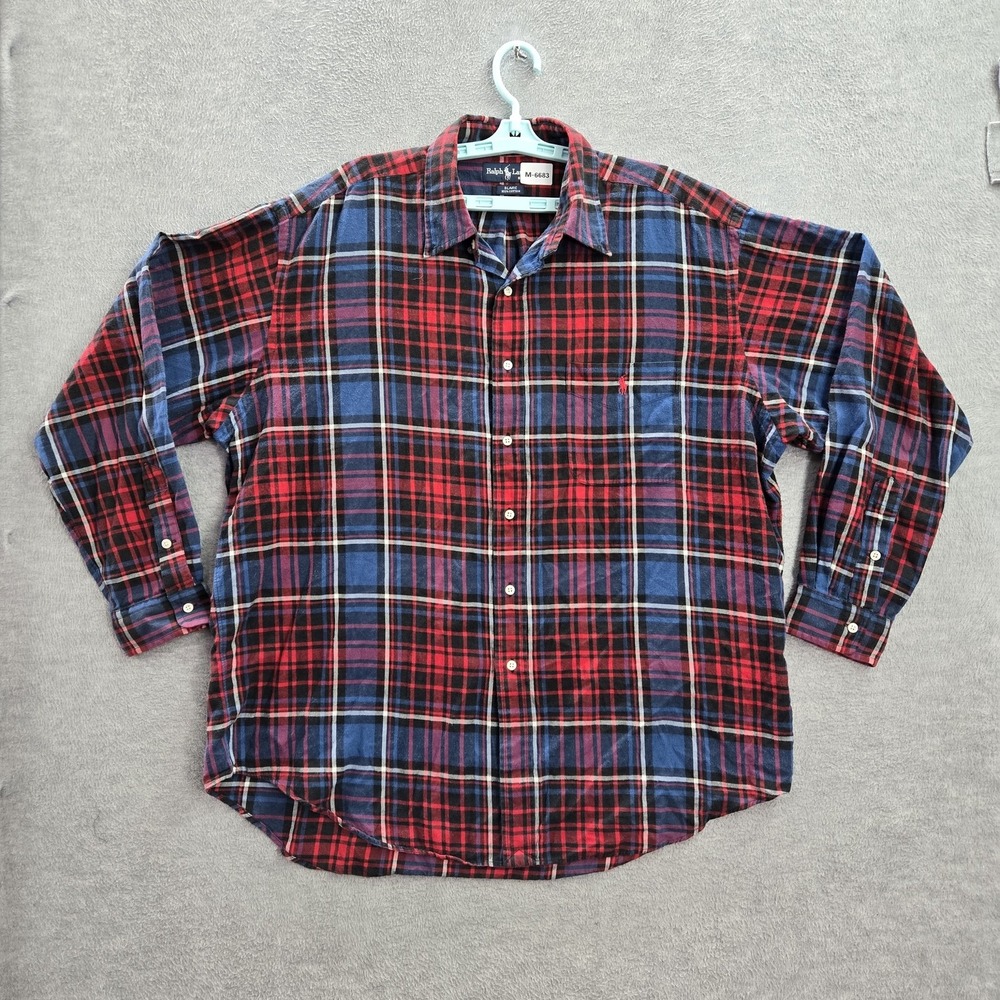 VINTAGE Ralph Lauren Men Button Up Shirt XL Blue Flannel Plaid Blaire